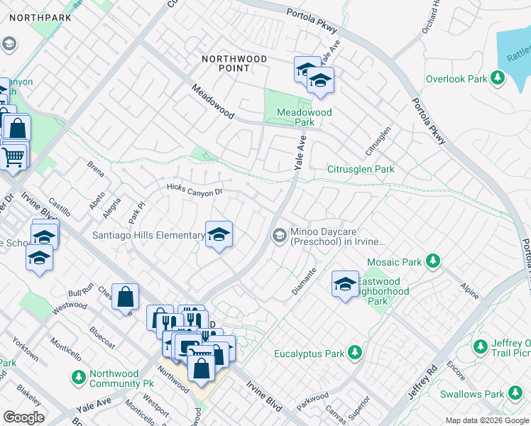 map of restaurants, bars, coffee shops, grocery stores, and more near 3 Delamesa East in Irvine