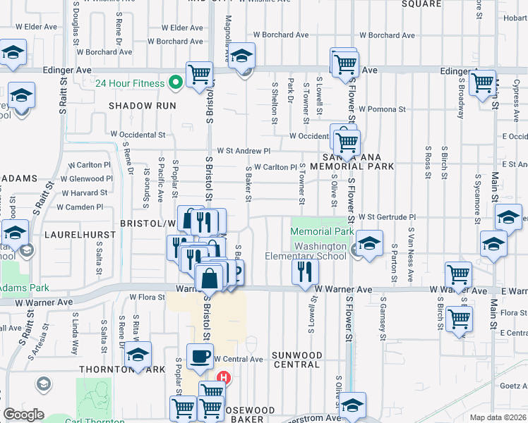map of restaurants, bars, coffee shops, grocery stores, and more near 1101 West Saint Gertrude Place in Santa Ana