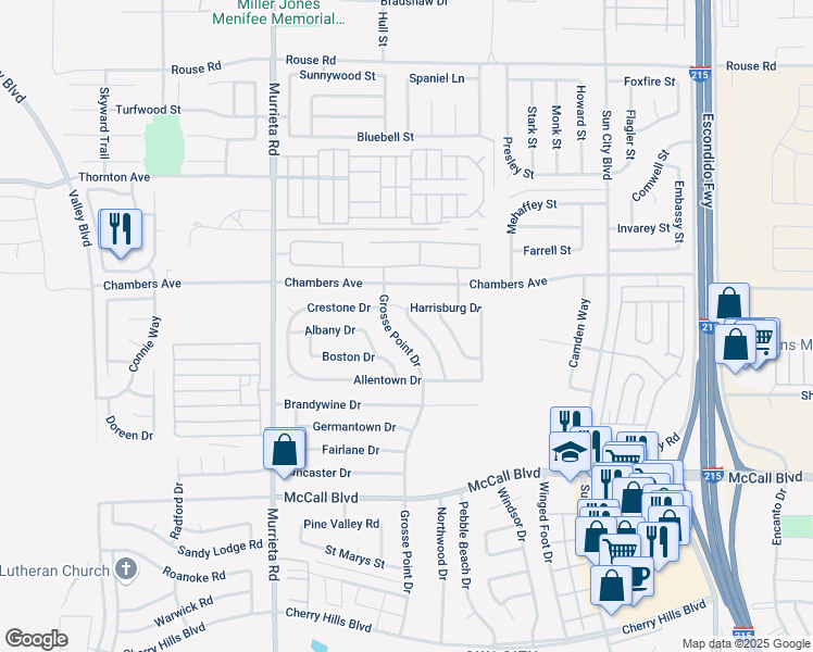 map of restaurants, bars, coffee shops, grocery stores, and more near 27589 Charlestown Drive in Menifee