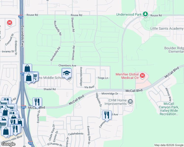 map of restaurants, bars, coffee shops, grocery stores, and more near 27548 Camino Bella in Menifee