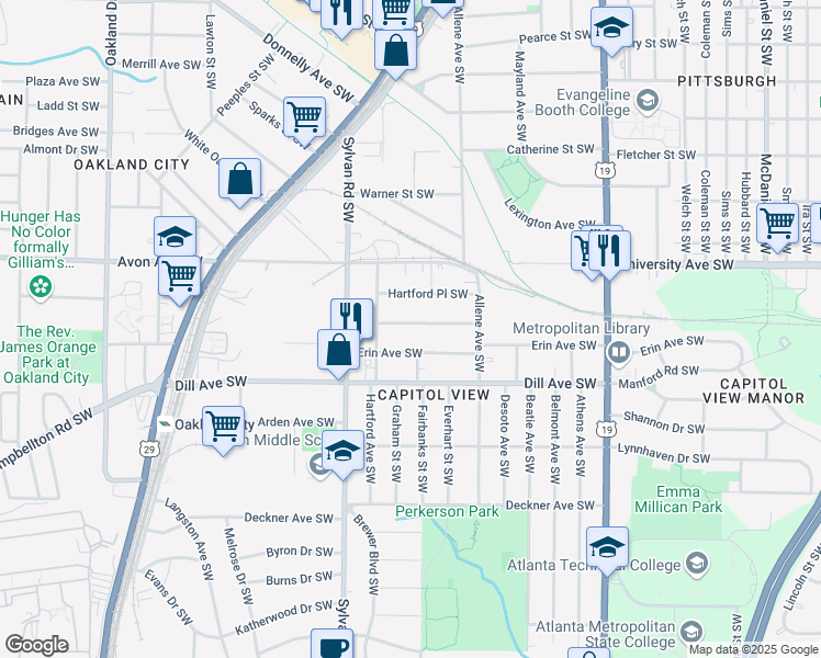 map of restaurants, bars, coffee shops, grocery stores, and more near 844 Beechwood Avenue Southwest in Atlanta