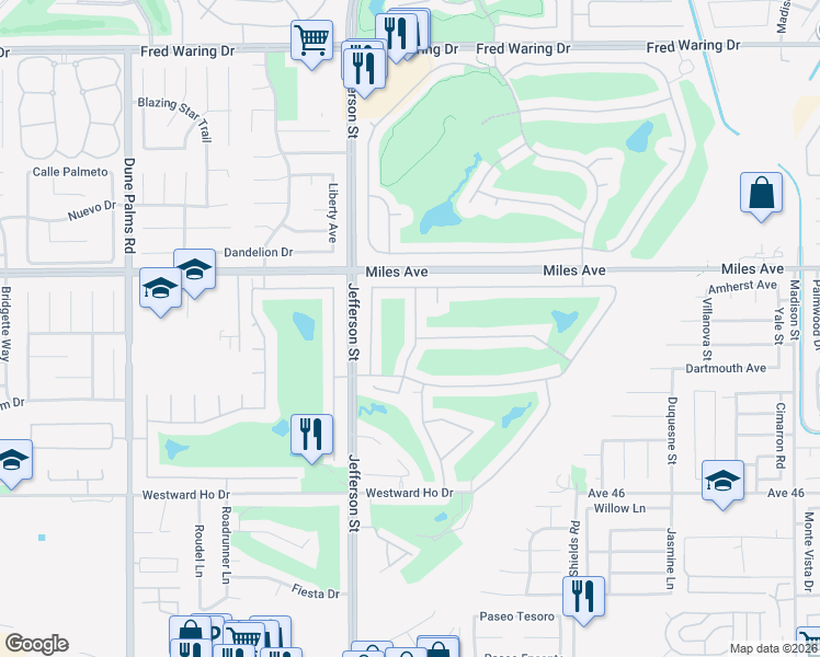map of restaurants, bars, coffee shops, grocery stores, and more near 45263 Shaugnessy Drive in Indio