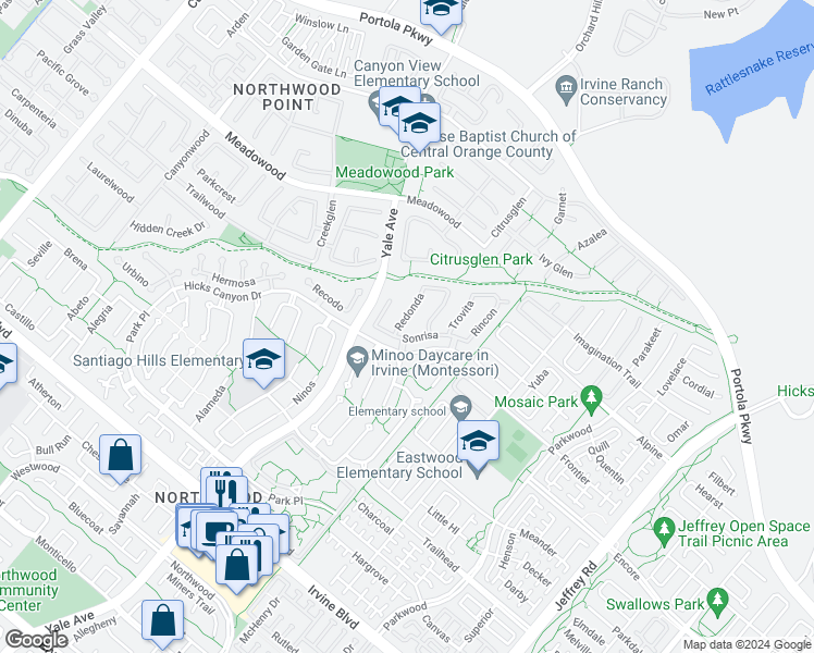 map of restaurants, bars, coffee shops, grocery stores, and more near 6 Redonda in Irvine