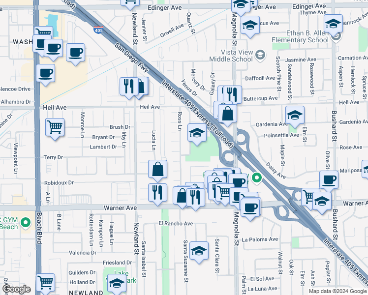 map of restaurants, bars, coffee shops, grocery stores, and more near 16692 Ross Lane in Huntington Beach