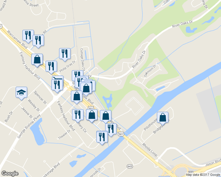 map of restaurants, bars, coffee shops, grocery stores, and more near 65-D River Oaks Drive in Myrtle Beach