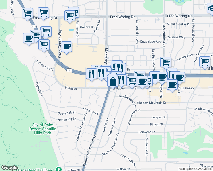 map of restaurants, bars, coffee shops, grocery stores, and more near 73-010 El Paseo in Palm Desert