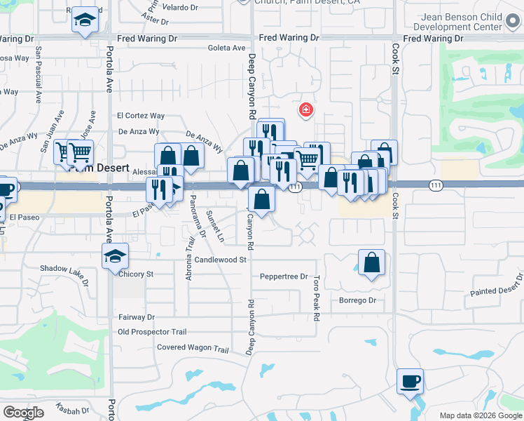 map of restaurants, bars, coffee shops, grocery stores, and more near 45200 Deep Canyon Road in Palm Desert