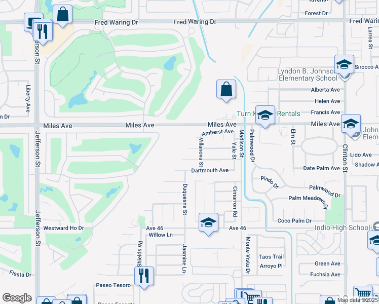 map of restaurants, bars, coffee shops, grocery stores, and more near 80733 Brown Street in Indio