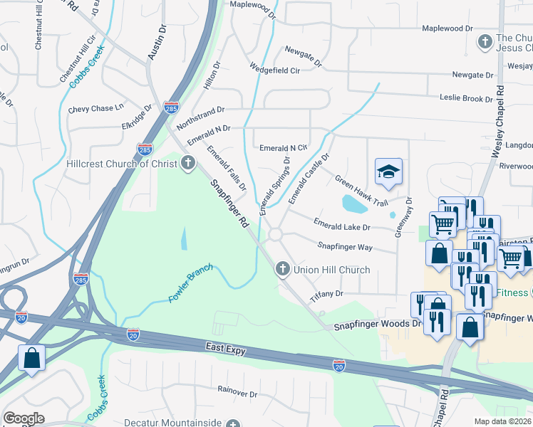 map of restaurants, bars, coffee shops, grocery stores, and more near 2326 Emerald Springs Drive in Decatur