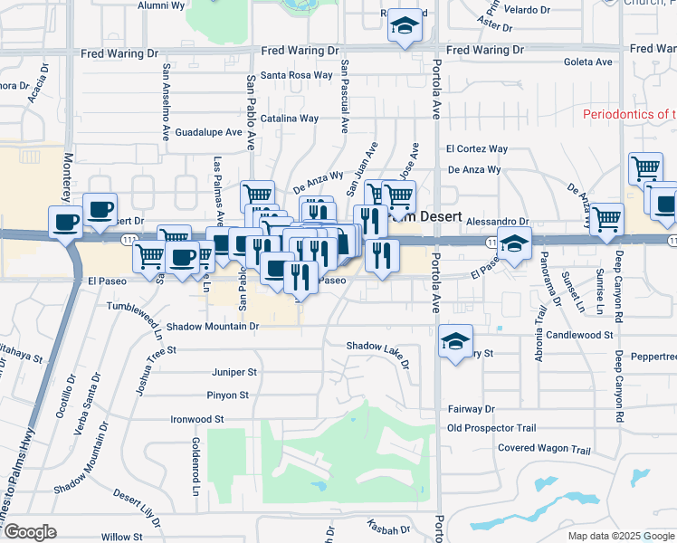 map of restaurants, bars, coffee shops, grocery stores, and more near 73-700 El Paseo in Palm Desert