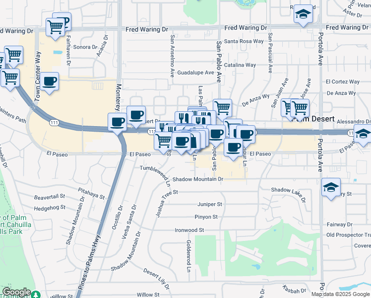 map of restaurants, bars, coffee shops, grocery stores, and more near 73-350 El Paseo in Palm Desert