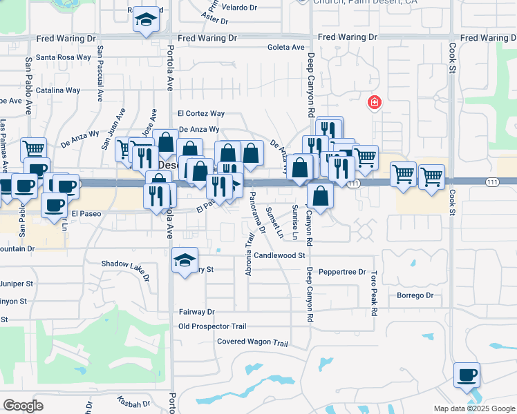 map of restaurants, bars, coffee shops, grocery stores, and more near 45210 Panorama Drive in Palm Desert