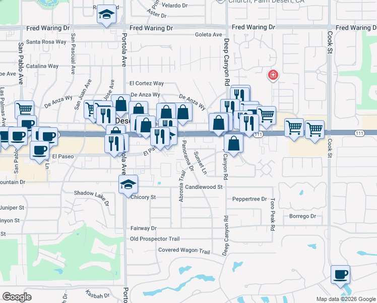 map of restaurants, bars, coffee shops, grocery stores, and more near 45313 Sunset Lane in Palm Desert