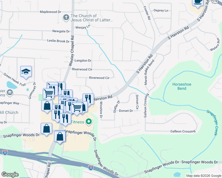 map of restaurants, bars, coffee shops, grocery stores, and more near 2326 Pebble Rock Way in Decatur