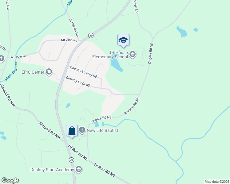 map of restaurants, bars, coffee shops, grocery stores, and more near 1430 Country Lane Drive Northeast in Conyers