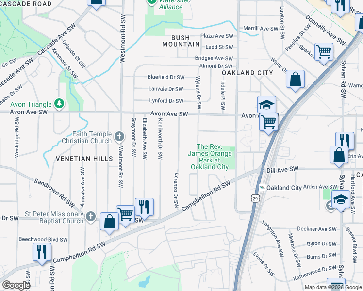 map of restaurants, bars, coffee shops, grocery stores, and more near 1282 Lorenzo Drive Southwest in Atlanta