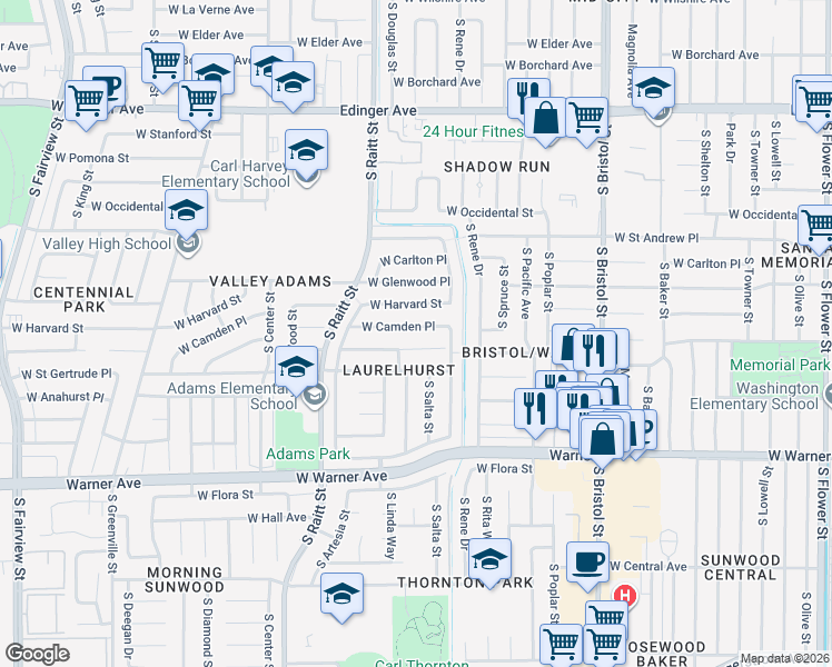 map of restaurants, bars, coffee shops, grocery stores, and more near 1810 W Camden Pl in Santa Ana