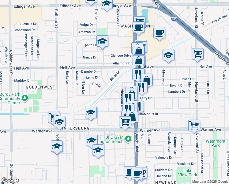 map of restaurants, bars, coffee shops, grocery stores, and more near 16684 Arbor Circle in Huntington Beach