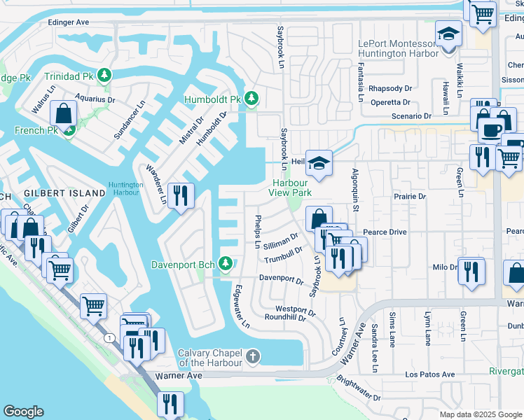 map of restaurants, bars, coffee shops, grocery stores, and more near 4152 Branford Drive in Huntington Beach