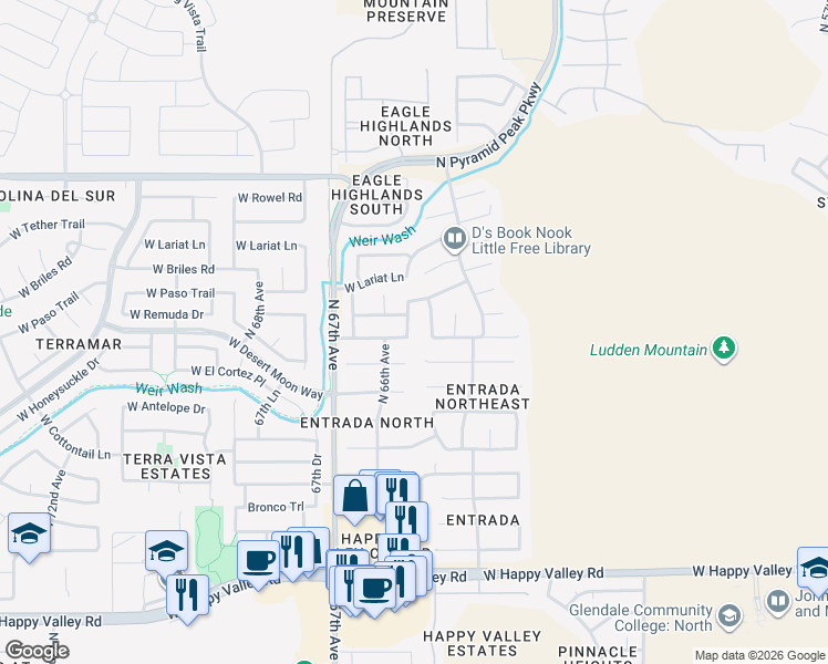 map of restaurants, bars, coffee shops, grocery stores, and more near 25809 North 65th Drive in Phoenix
