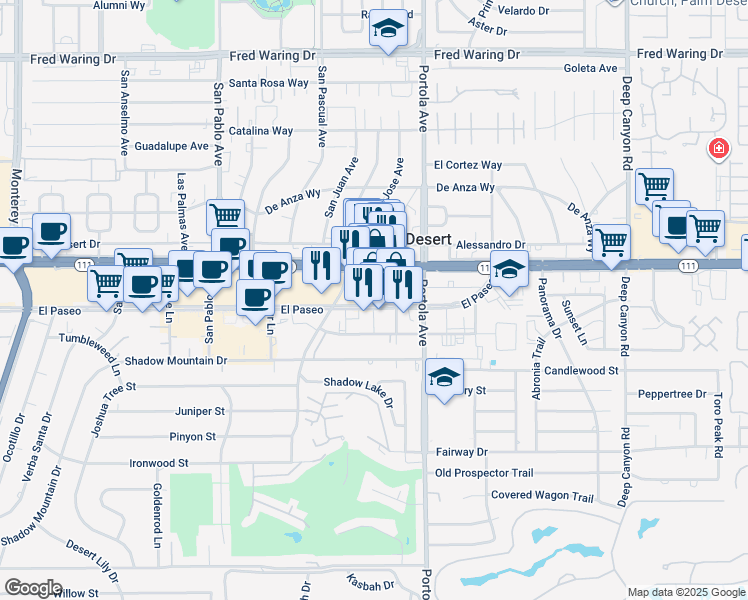 map of restaurants, bars, coffee shops, grocery stores, and more near 73896 El Paseo in Palm Desert