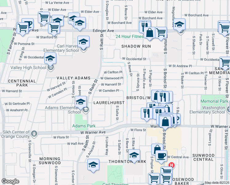 map of restaurants, bars, coffee shops, grocery stores, and more near 1806 West Camden Place in Santa Ana
