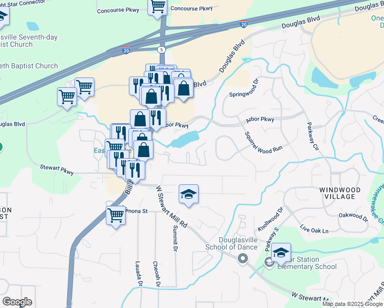 map of restaurants, bars, coffee shops, grocery stores, and more near 3000 Highway 5 in Douglasville