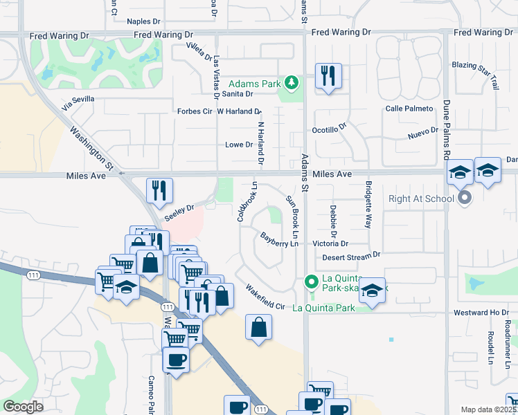 map of restaurants, bars, coffee shops, grocery stores, and more near 78820 Birchcrest Circle in La Quinta