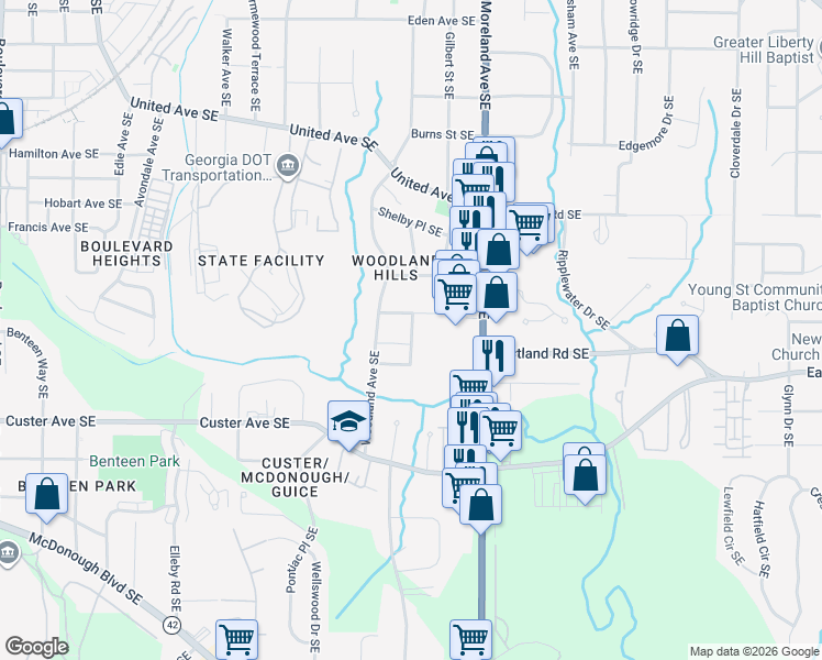 map of restaurants, bars, coffee shops, grocery stores, and more near 1255 Danner St SE in Atlanta