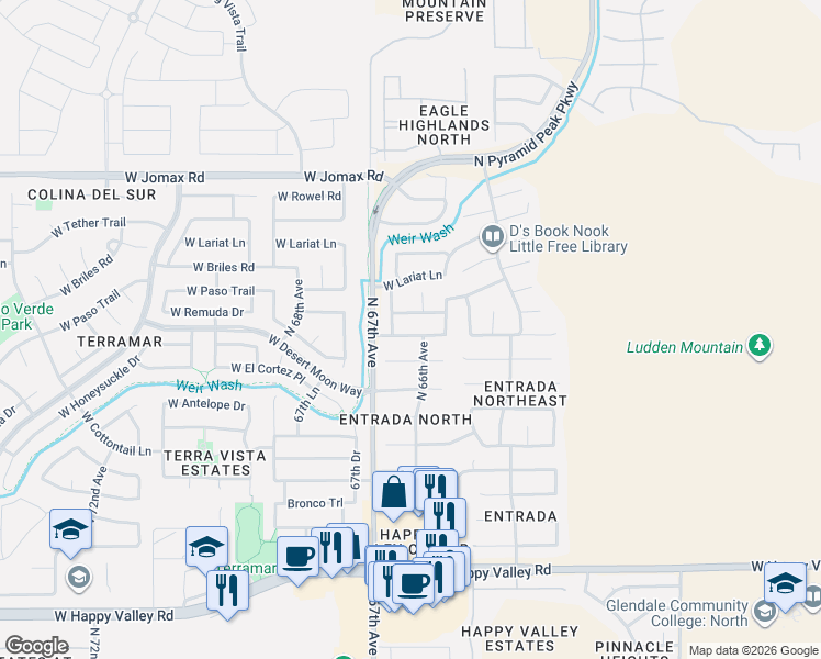 map of restaurants, bars, coffee shops, grocery stores, and more near 6606 West Prickly Pear Trail in Phoenix