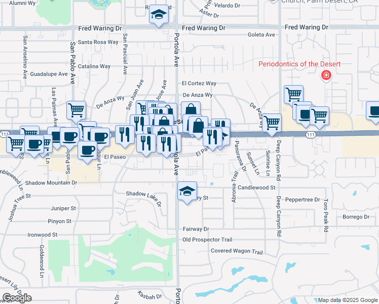 map of restaurants, bars, coffee shops, grocery stores, and more near 74040 El Paseo in Palm Desert