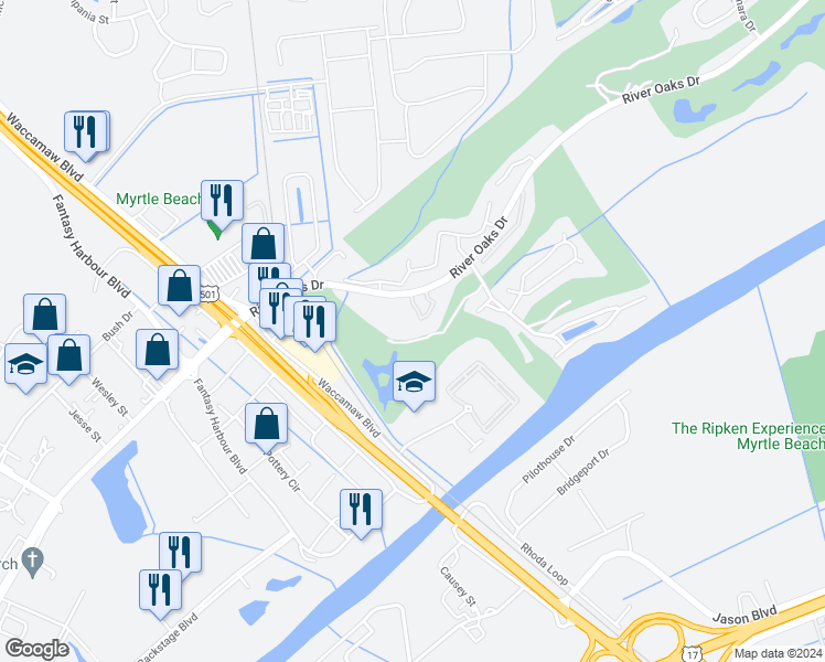 map of restaurants, bars, coffee shops, grocery stores, and more near 480 River Oaks Drive in Myrtle Beach