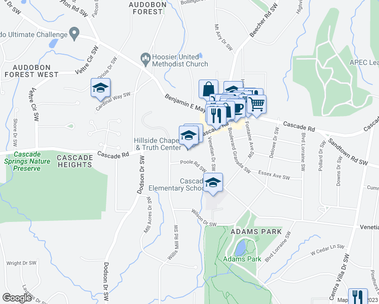map of restaurants, bars, coffee shops, grocery stores, and more near 2450 Cascade Road in Atlanta