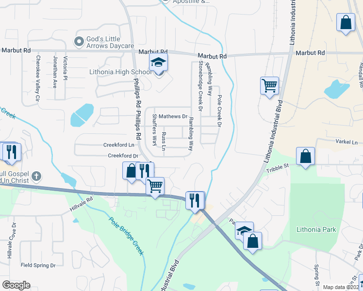 map of restaurants, bars, coffee shops, grocery stores, and more near 6634 Shaffers Way in Lithonia