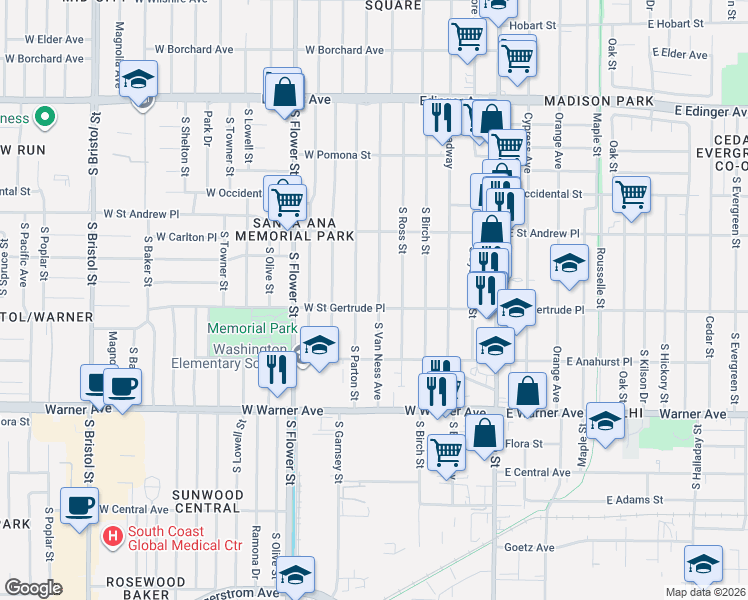 map of restaurants, bars, coffee shops, grocery stores, and more near 2070 South Van Ness Avenue in Santa Ana