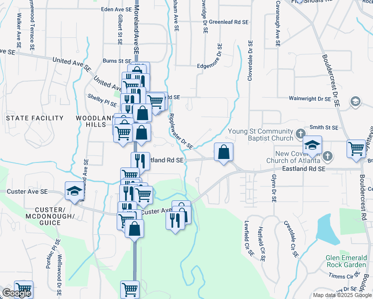 map of restaurants, bars, coffee shops, grocery stores, and more near 2385 Ripplewater Dr SE in Atlanta