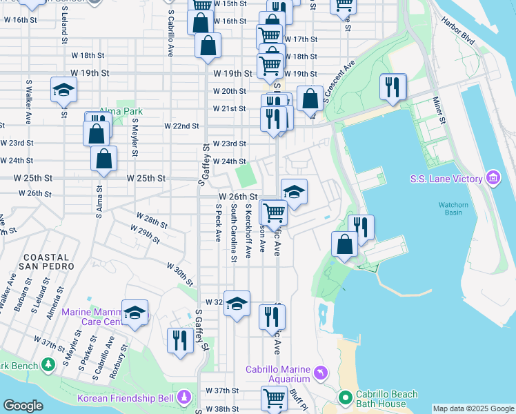 map of restaurants, bars, coffee shops, grocery stores, and more near 2625 South Denison Avenue in Los Angeles