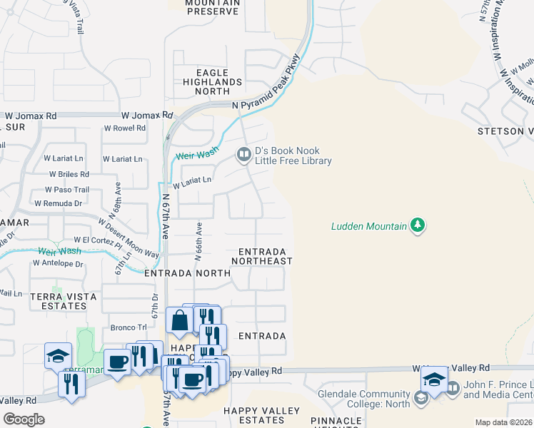 map of restaurants, bars, coffee shops, grocery stores, and more near 6340 West Prickly Pear Trail in Phoenix