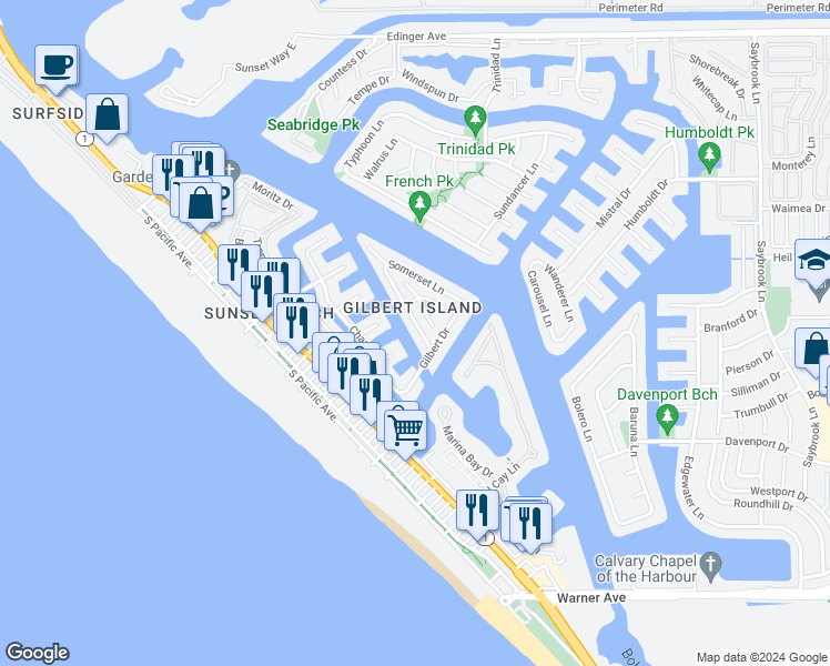 map of restaurants, bars, coffee shops, grocery stores, and more near 16661 Peale Lane in Huntington Beach