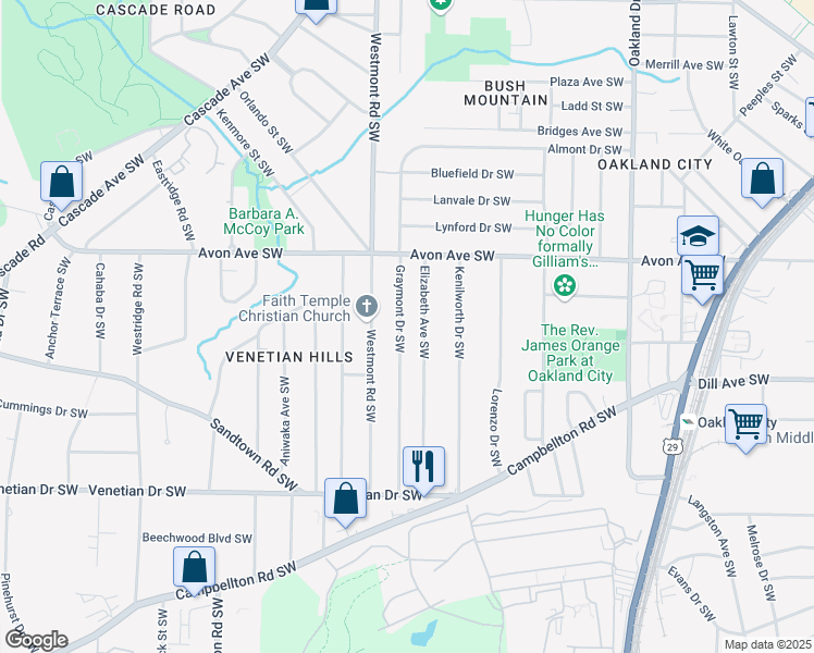 map of restaurants, bars, coffee shops, grocery stores, and more near 1278 Graymont Drive Southwest in Atlanta