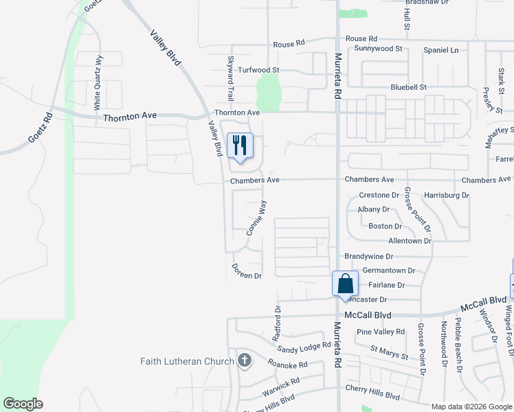map of restaurants, bars, coffee shops, grocery stores, and more near 25717 Leah Lane in Menifee