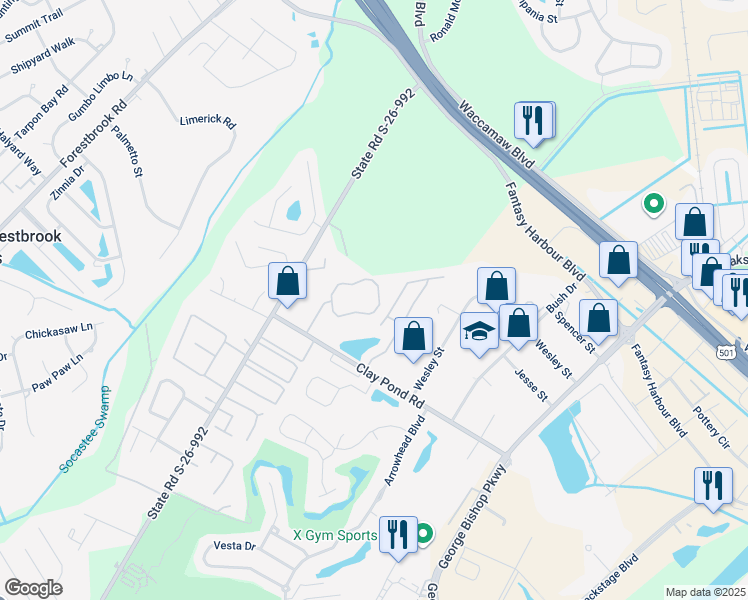 map of restaurants, bars, coffee shops, grocery stores, and more near 109 Rexford Court in Myrtle Beach