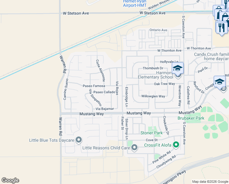 map of restaurants, bars, coffee shops, grocery stores, and more near 5247 Paseo Callado in Hemet