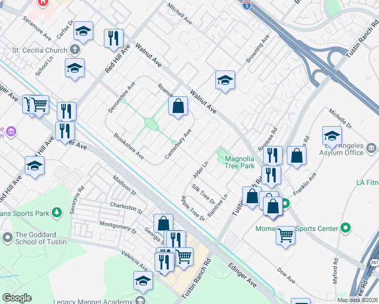 map of restaurants, bars, coffee shops, grocery stores, and more near 14712 Danborough Road in Tustin