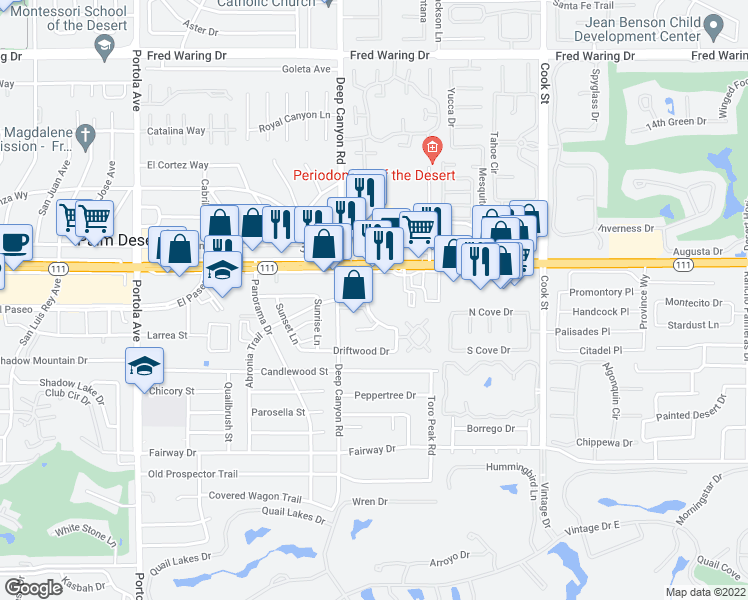 map of restaurants, bars, coffee shops, grocery stores, and more near 74672 Shadow Hills Road in Palm Desert