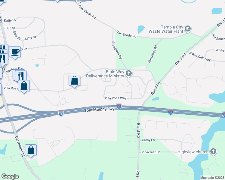 map of restaurants, bars, coffee shops, grocery stores, and more near 37 Villa Rosa Court in Temple