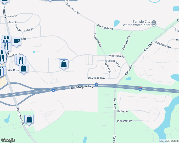 map of restaurants, bars, coffee shops, grocery stores, and more near 5 Villa Rosa Court in Temple