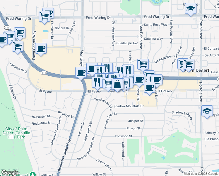 map of restaurants, bars, coffee shops, grocery stores, and more near 73260 El Paseo in Palm Desert