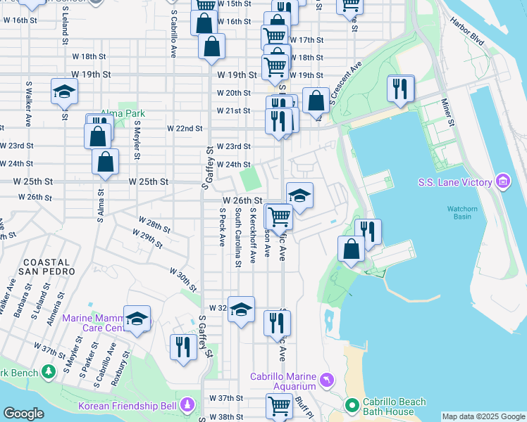 map of restaurants, bars, coffee shops, grocery stores, and more near 2625 South Denison Avenue in Los Angeles