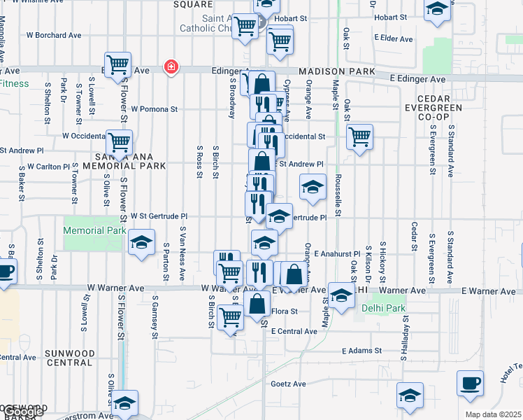 map of restaurants, bars, coffee shops, grocery stores, and more near 2071 South Sycamore Street in Santa Ana
